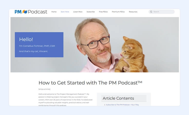 Página inicial del PM Podcast con Cornelius Fichtner y su gato, Vincent
