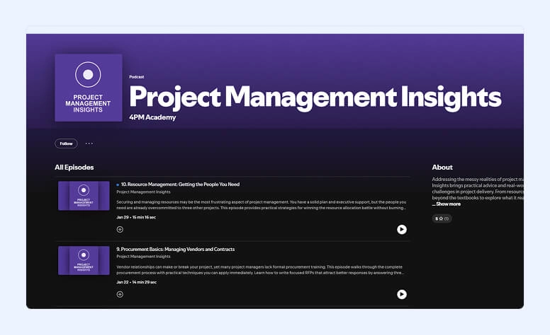 Página de Spotify del podcast Project Management Insights