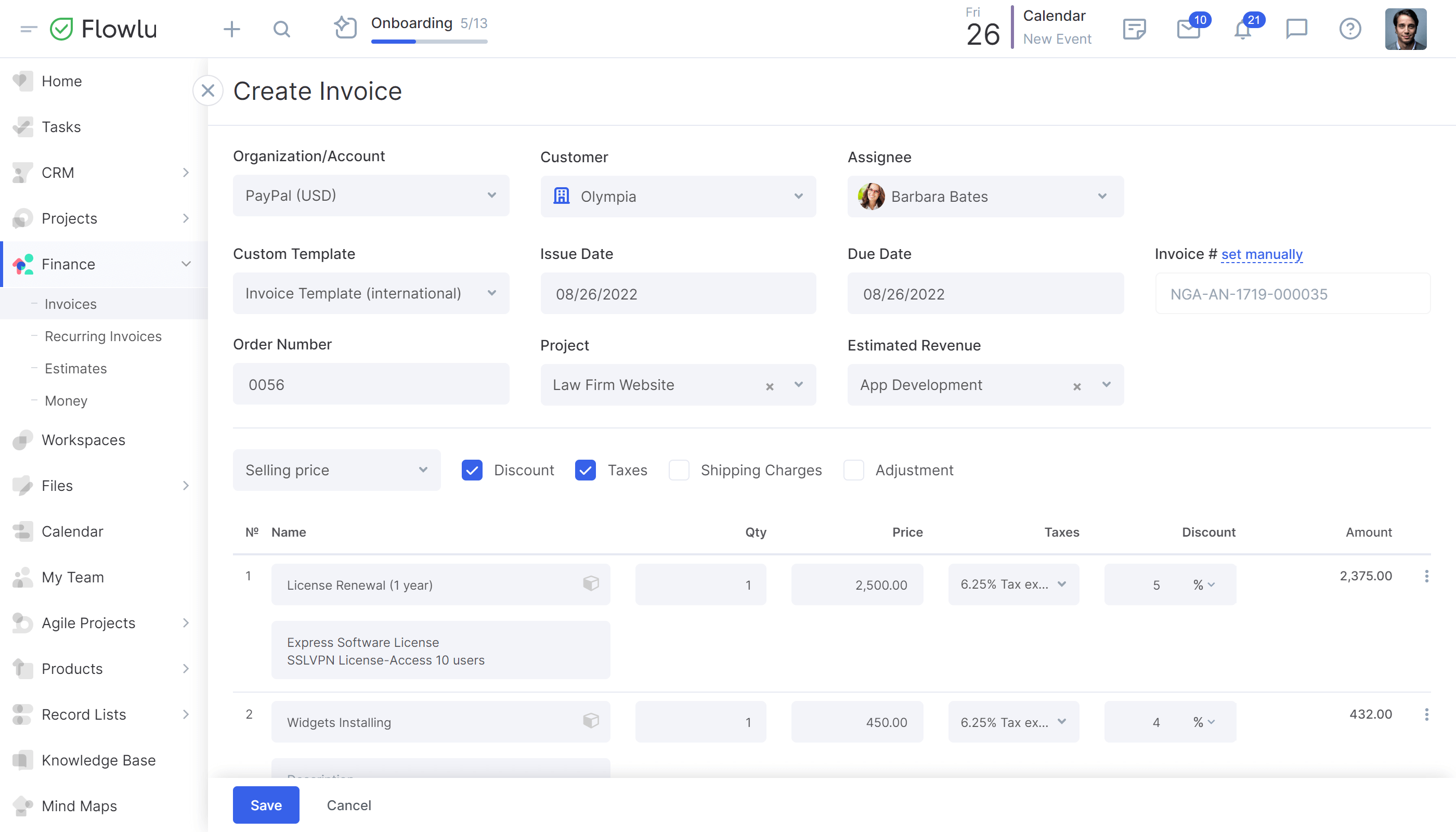 Flowlu - Administre las facturas sin esfuerzo