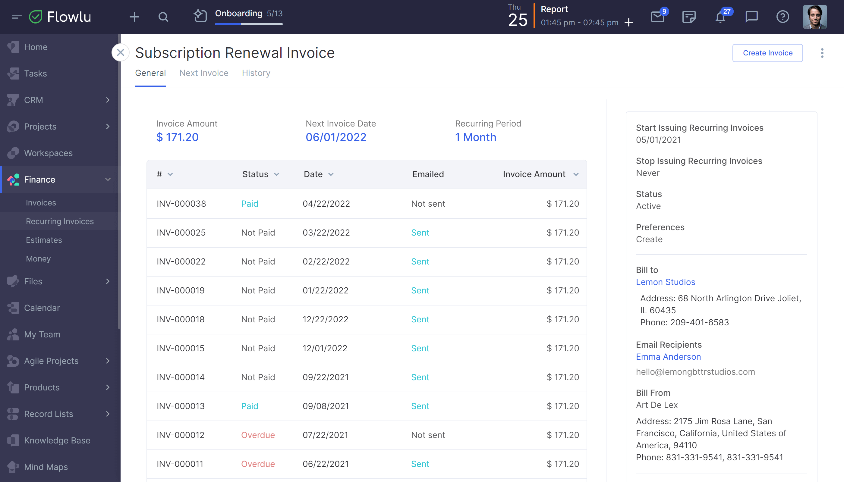 Flowlu - Hacer que las facturas sean recurrentes