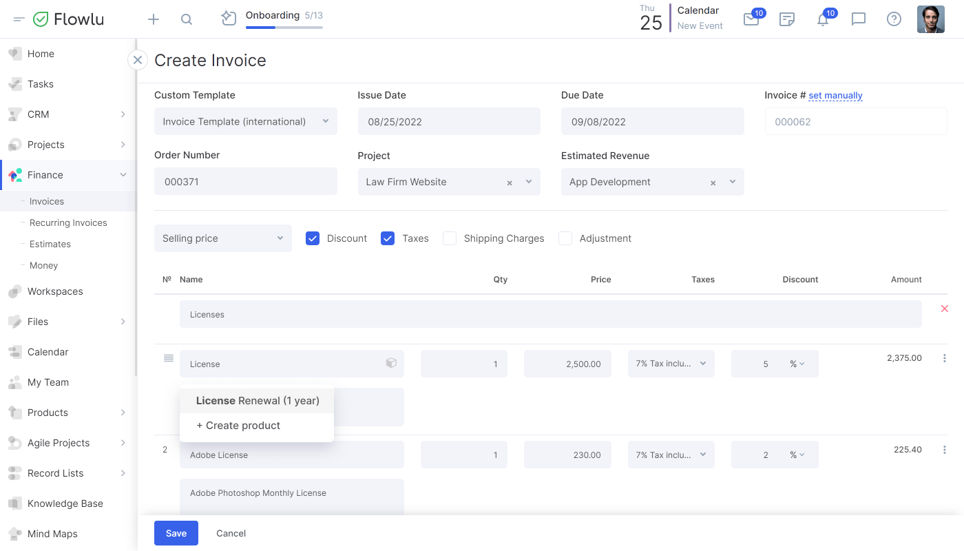 Flowlu - Agregue artículos rápidamente a las facturas