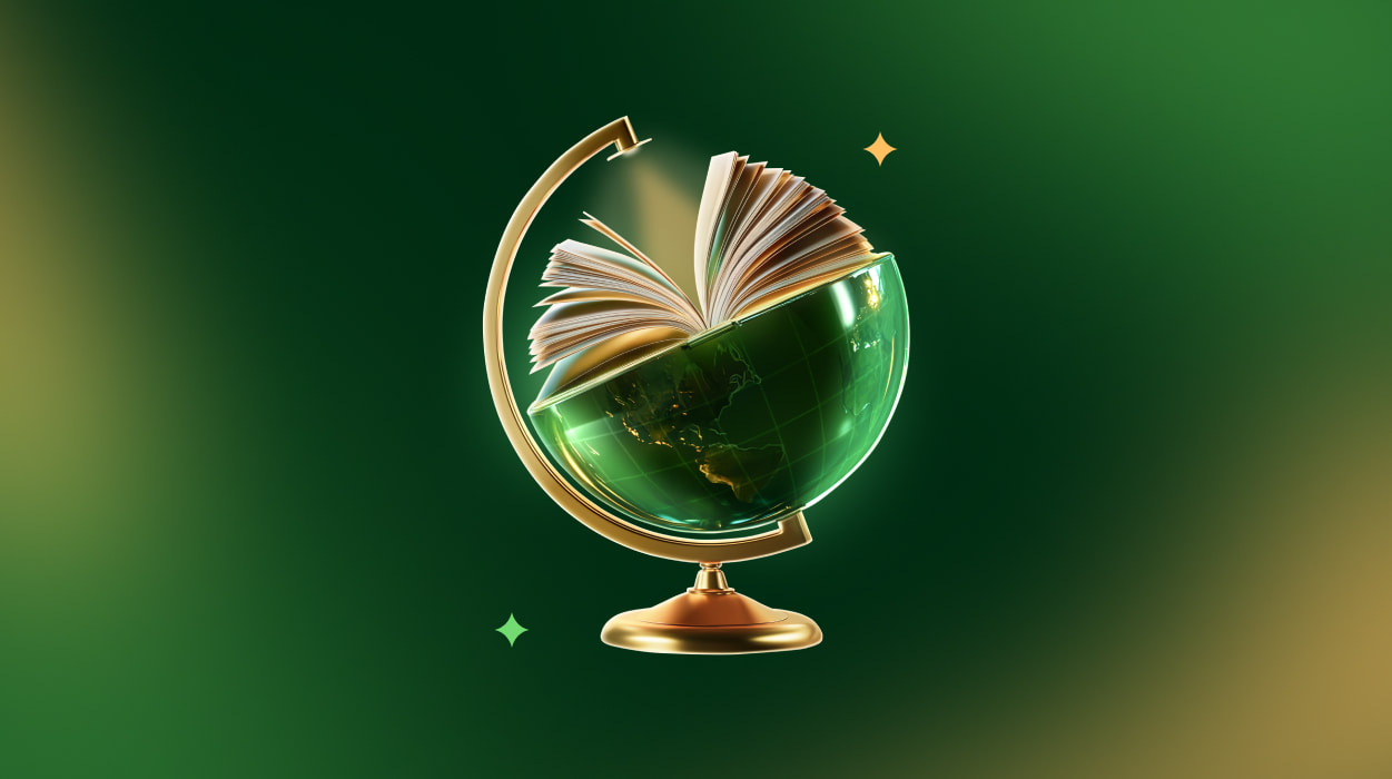 Globo terrestre transformando-se em um livro aberto, simbolizando conhecimento global