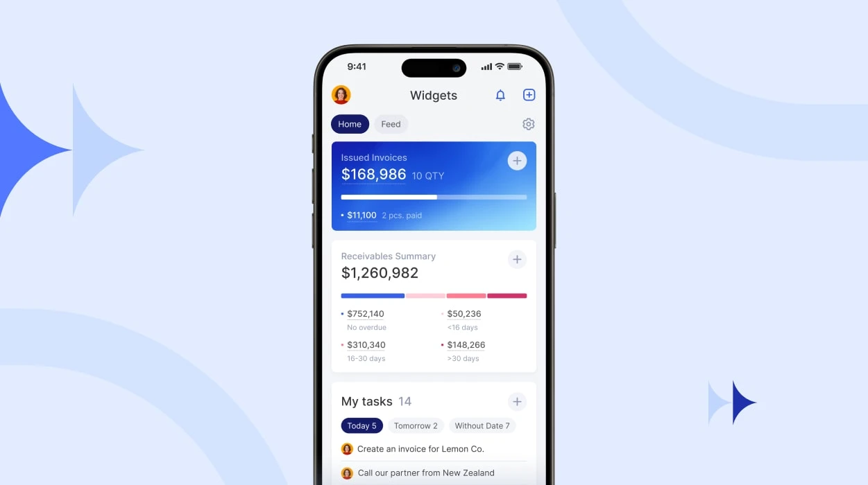 Captura de tela de aplicativo móvel mostrando painel CRM com resumo financeiro e lista de tarefas