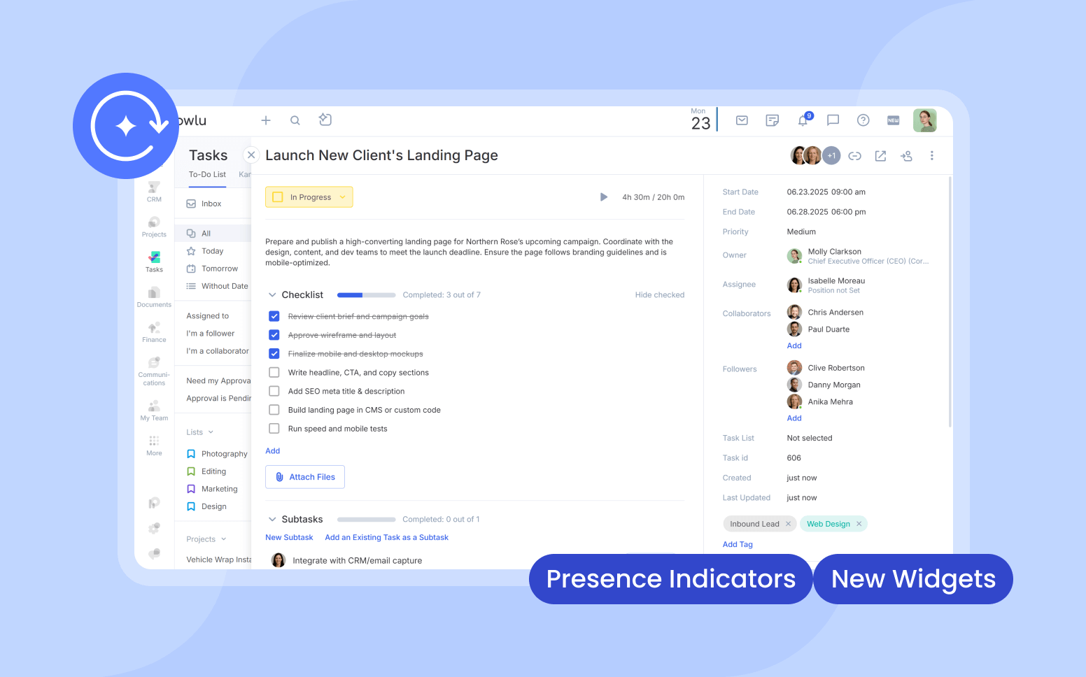Flowlu - May–June Updates: Real-Time Presence, Smarter Dashboards & More
