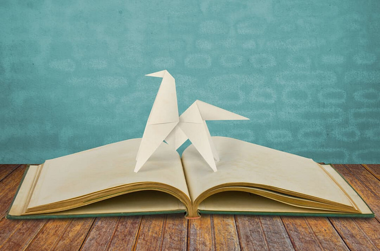 There is an origami bird on the pages of an open book