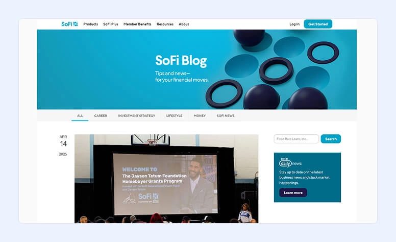 SoFi blog's home page