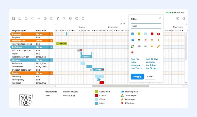 Interface Gantt do Tom’s Planner