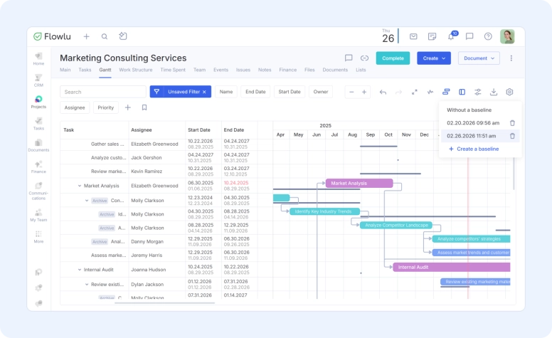 Baseline view for Flowlu projects