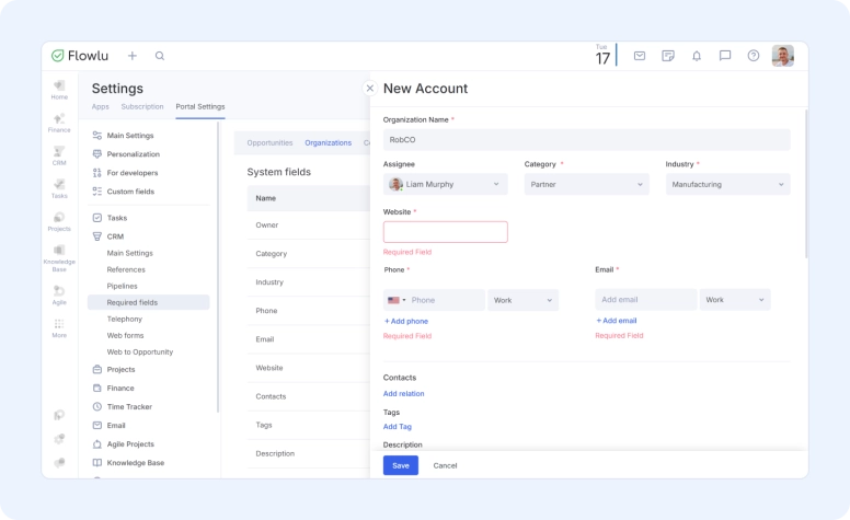 CRM account required fields for Flowlu