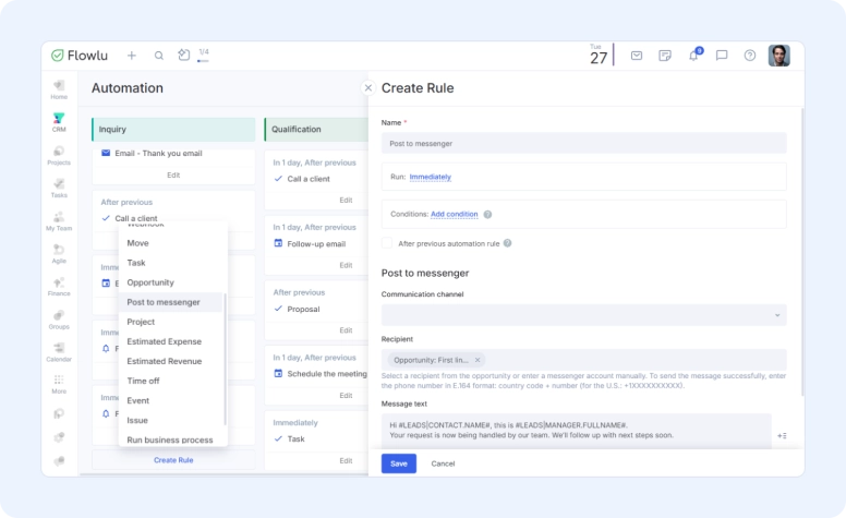 Automated messages in Flowlu