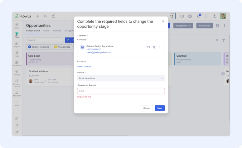 Opportunity required fields in Flowlu