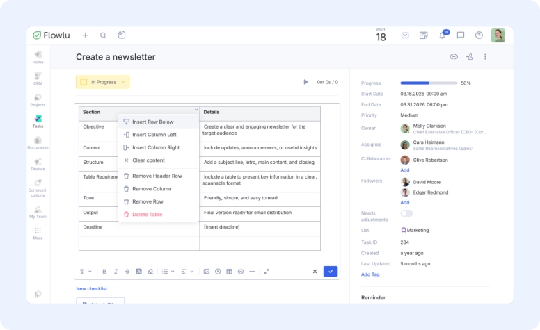 Create tables in Flowlu editor