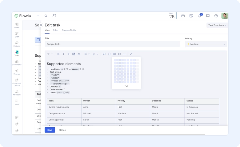 Flowlu supports markdown