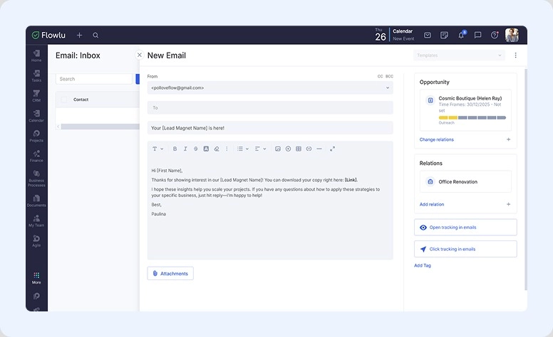 Exemplo de template de e-mail do Flowlu