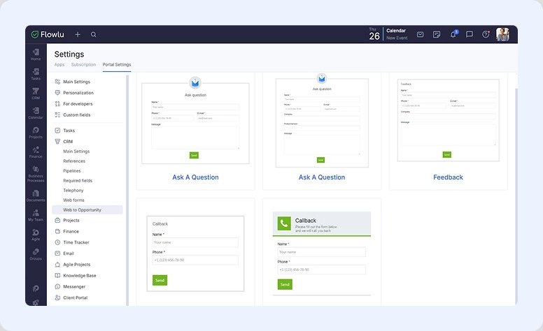 Exemplo de formulários web do Flowlu