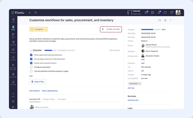 Flowlu's time tracking feature