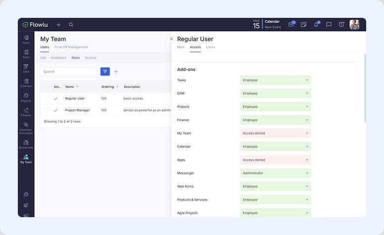 Access control setting in Flowlu
