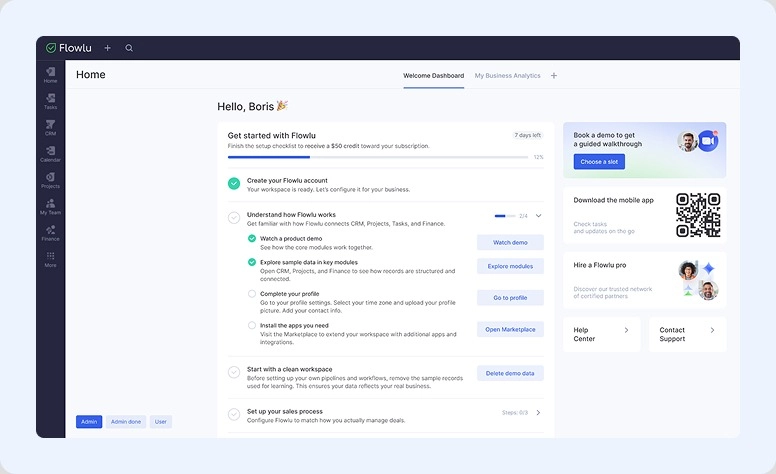 Flowlu's onboarding steps