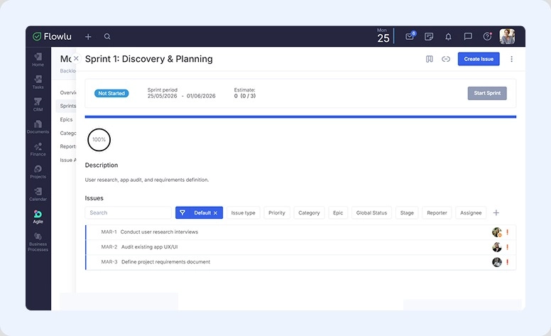 Agile con sprints en Flowlu