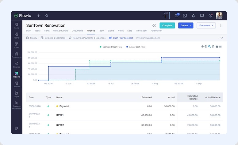 Flowlu's project cash flow forecast
