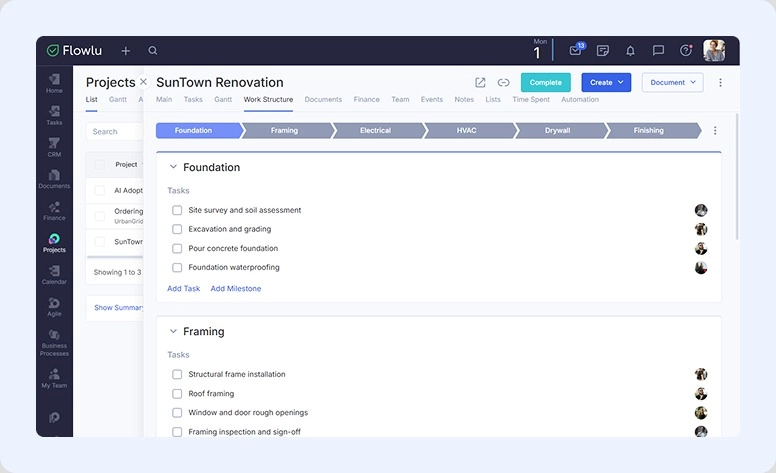 A workflow template for a residential renovation in Flowlu