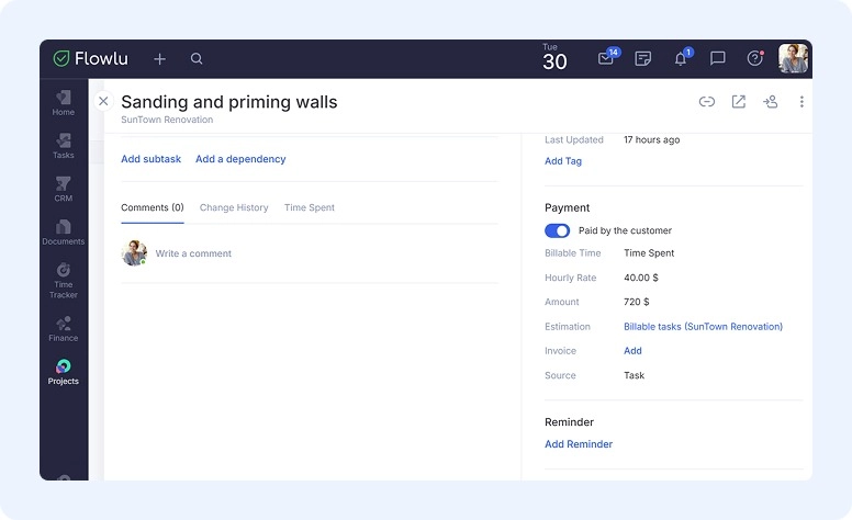 Automated calculation of billable hours in Flowlu