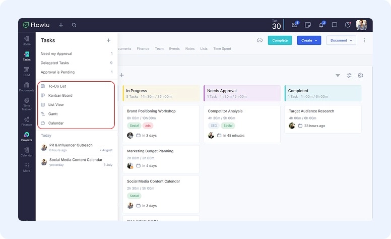 Multiple tasks views in Flowlu