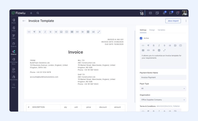 Example of creating an invoice template in Flowlu