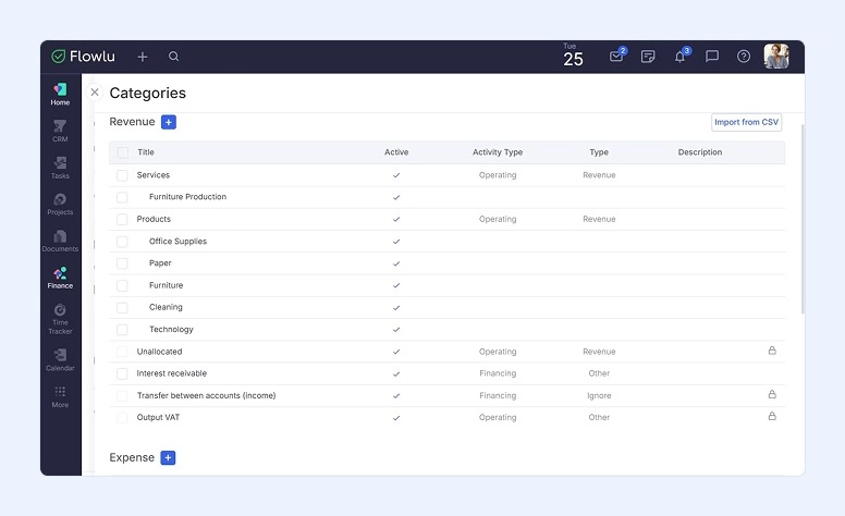 Financial categories in Flowlu